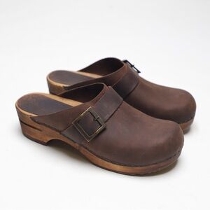 Sanita Dark Brown Leather Mules with Buckle